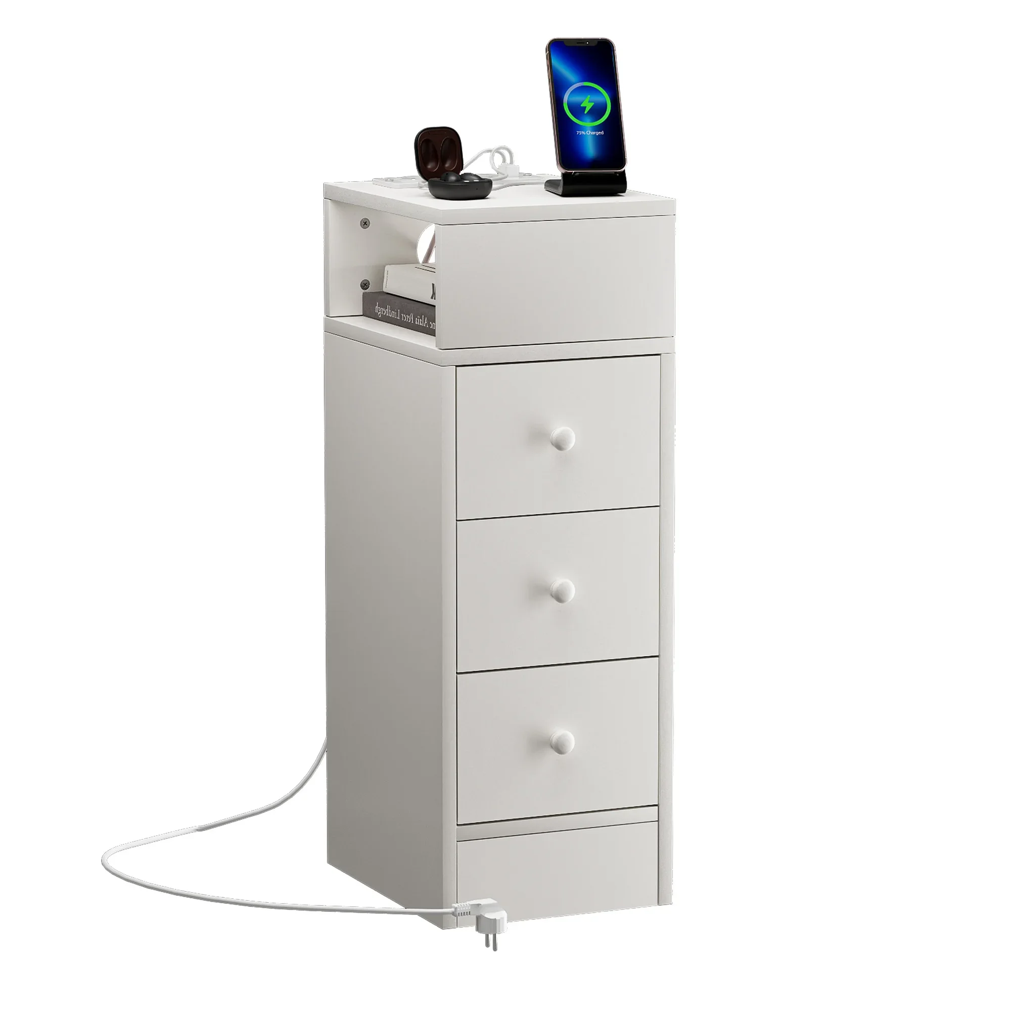 3 Drawers Slim Wooden Nightstand with Charging Station 2AC/2USB Storage Corner Cabinet for Bedroom Living Room UK Plug