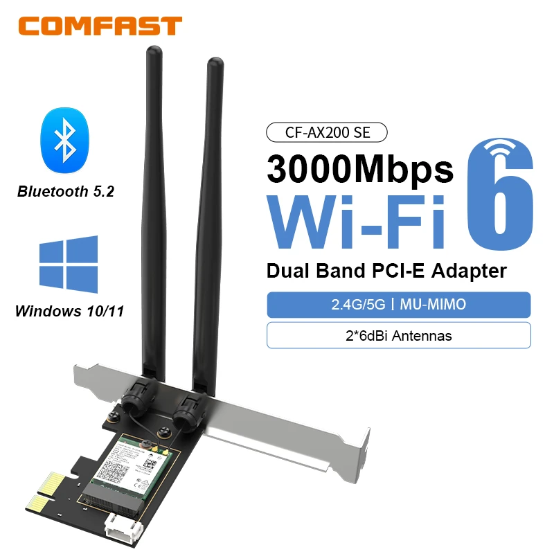 

COMFAST WiFi 6 3000M PCI-E BT 5.2 Беспроводной адаптер Intel AX200 Чип BT 5.2 Pci Express Сетевая карта CF-AX200 Антенна Win 10 11