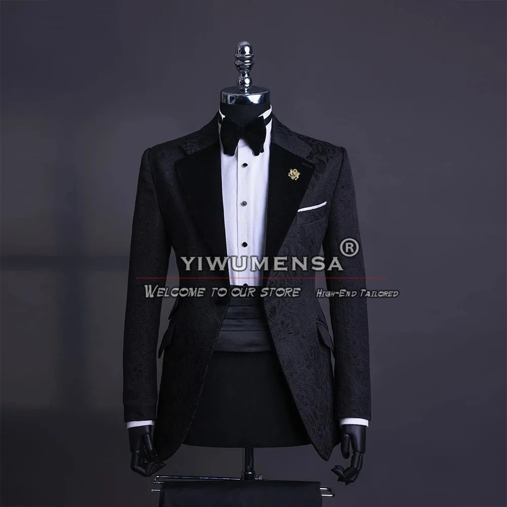 Black Jacquard Suits Men 3 Pieces Formal Groom Wear Velvet Lapel Blazer Plus Size Male Fashion Boyfriend Prom Dress Elegant 2023