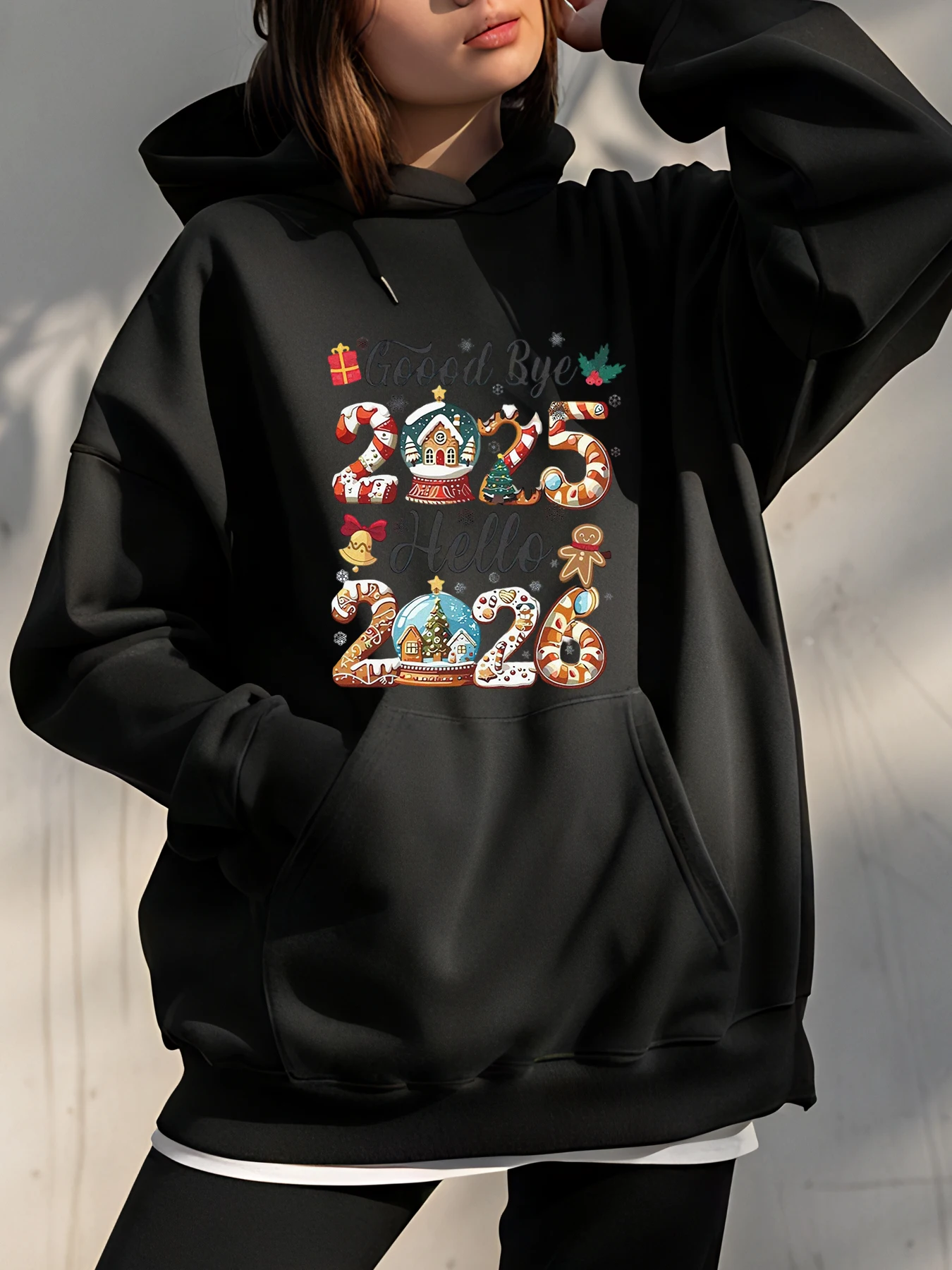 Sweat à capuche de noël pour femmes, imprimé nouvel an 2025, décontracté, tenue de fête de vacances, mode féminine, vêtements d'hiver, 2025 2026