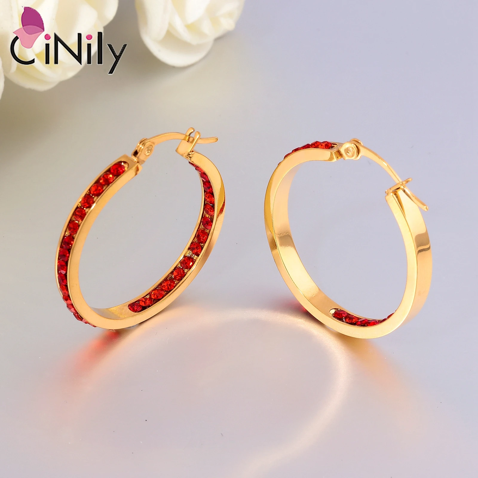 CiNily Stainless Steel Hoop Earrings with Stone Yellow Gold Plated Circle CZ Earring Rock Punk for Women Party Fashion Jewelry