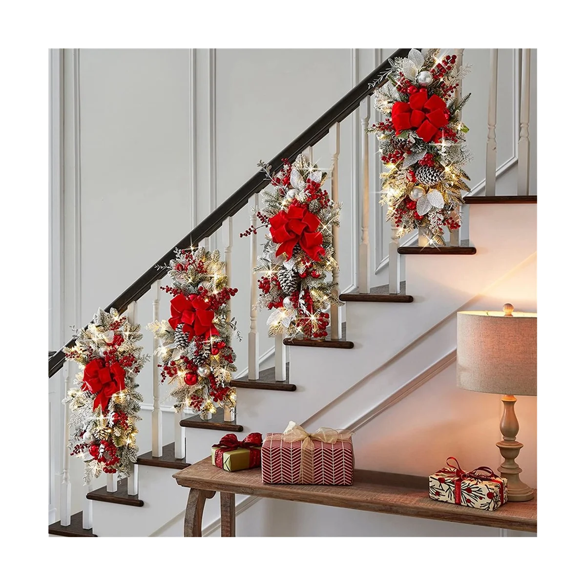 Guirxiété de Noël Swag pour escaliers, porte, cheminée, fenêtre, extérieur, intérieur, décor de Noël rouge