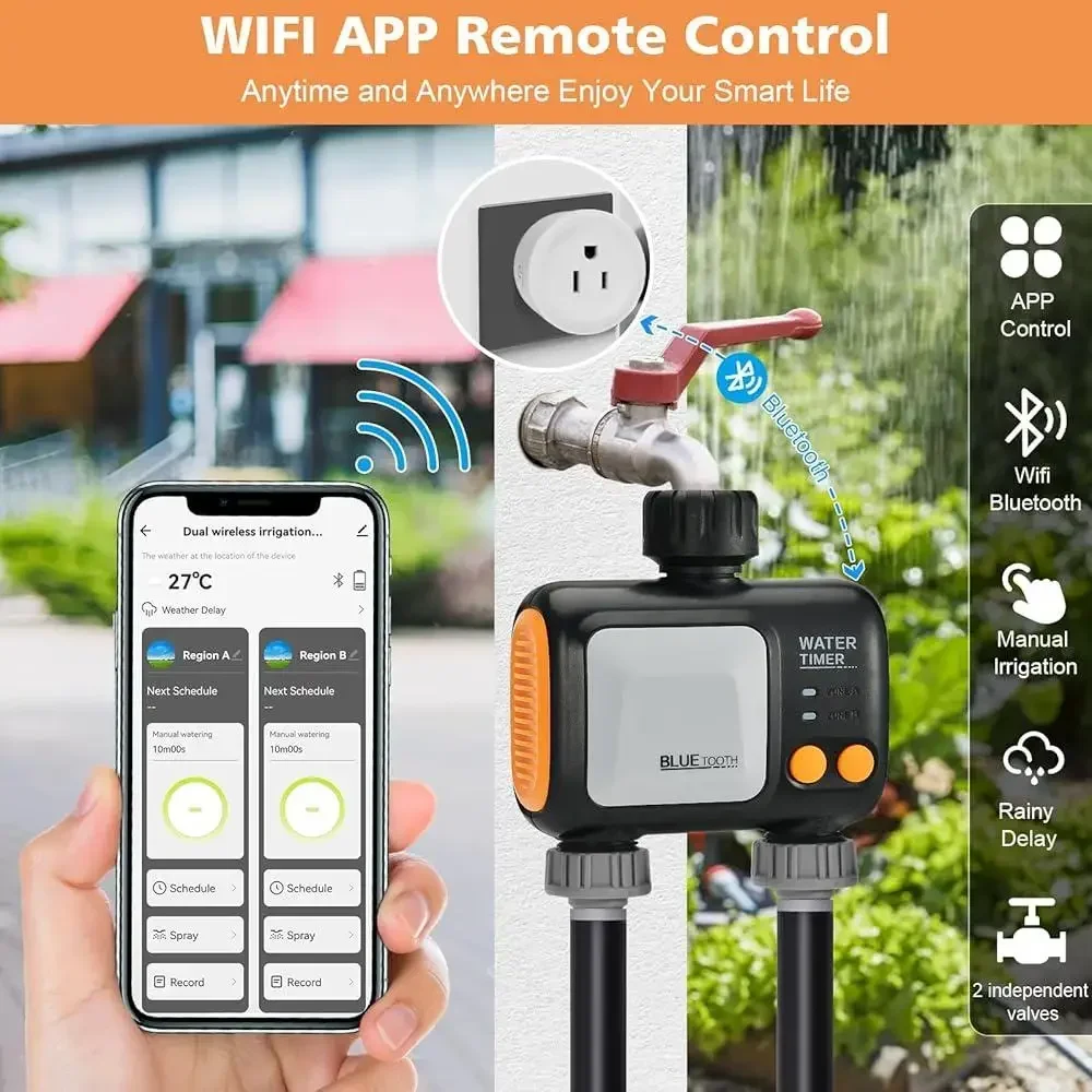 Smart WiFi Tubo da giardino Timer per acqua Controller per irrigatore a 2 zone con ritardo pioggia APP Sistema di irrigazione espandibile con telecomando