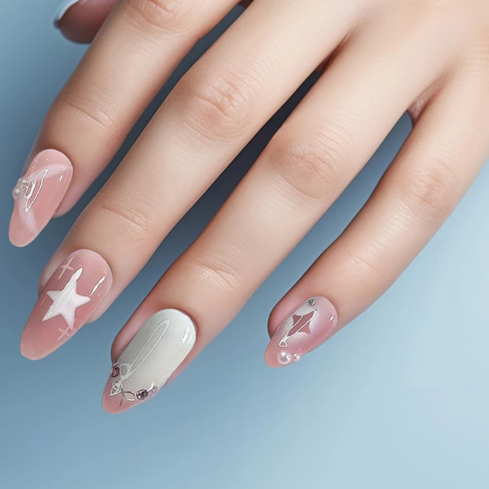 24 pezzi Star Press On Nail Adesivo per unghie rimovibile Stile dolce e delicato Indossabile Pezzo per unghie finito per salone di casa per ragazza