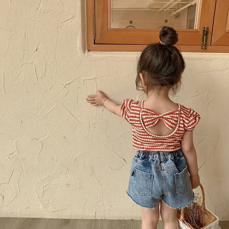 2024 Summer New Korean Style Baby Girls Striped T-shirts Bowknot Backless Puff Sleeve Tops Toddlers Kids Tees