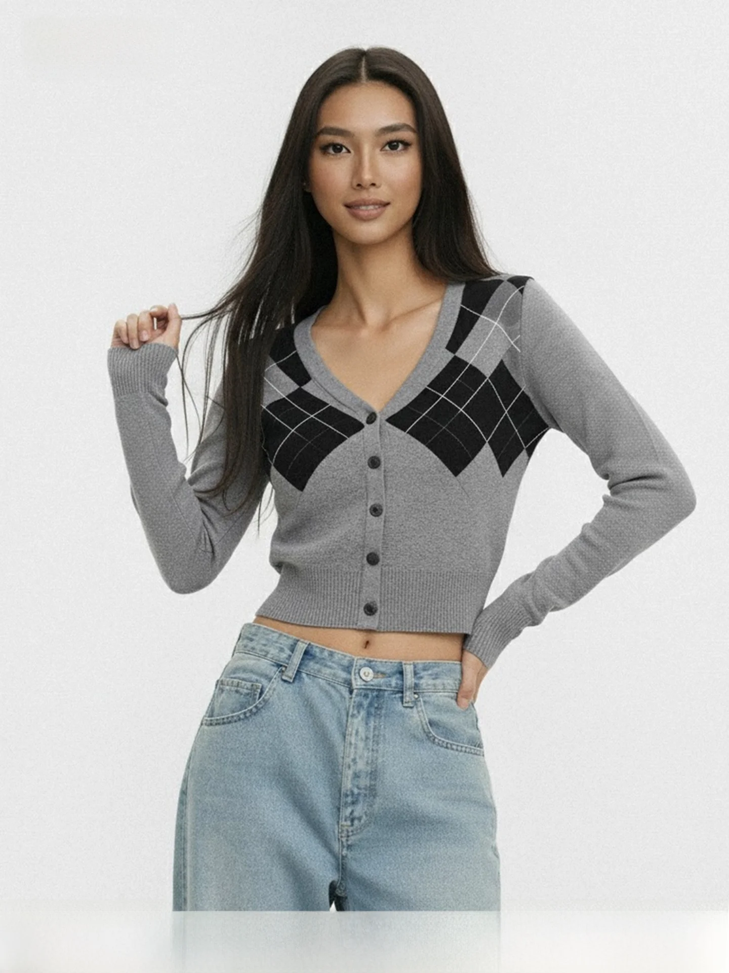 

WAEW ey Geometric Pattern V-Ne Slim Fit вязаный открытый кардиган ort Sve Long Sve College Sle вязаный топ для женщин