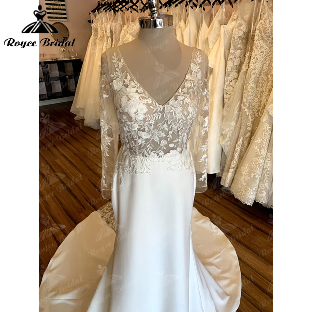 Robe de Mariée Sirène en Dentelle à Manches sulfet Col en V pour Femme, Vêtement Transparent