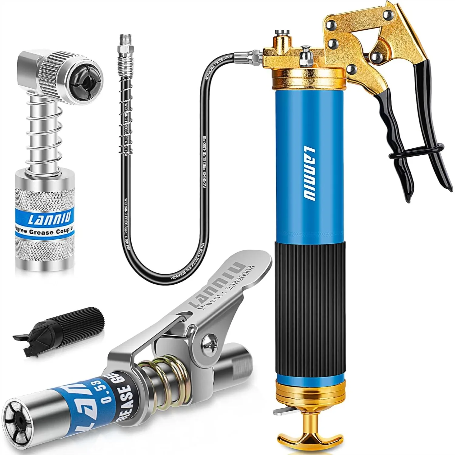 

Grease Gun Kit, 8000 PSI Heavy Duty Pistol Grip Grease Gun with 14 OZ Capacity, Includes Coupler & 90° Adapter for Automotive,