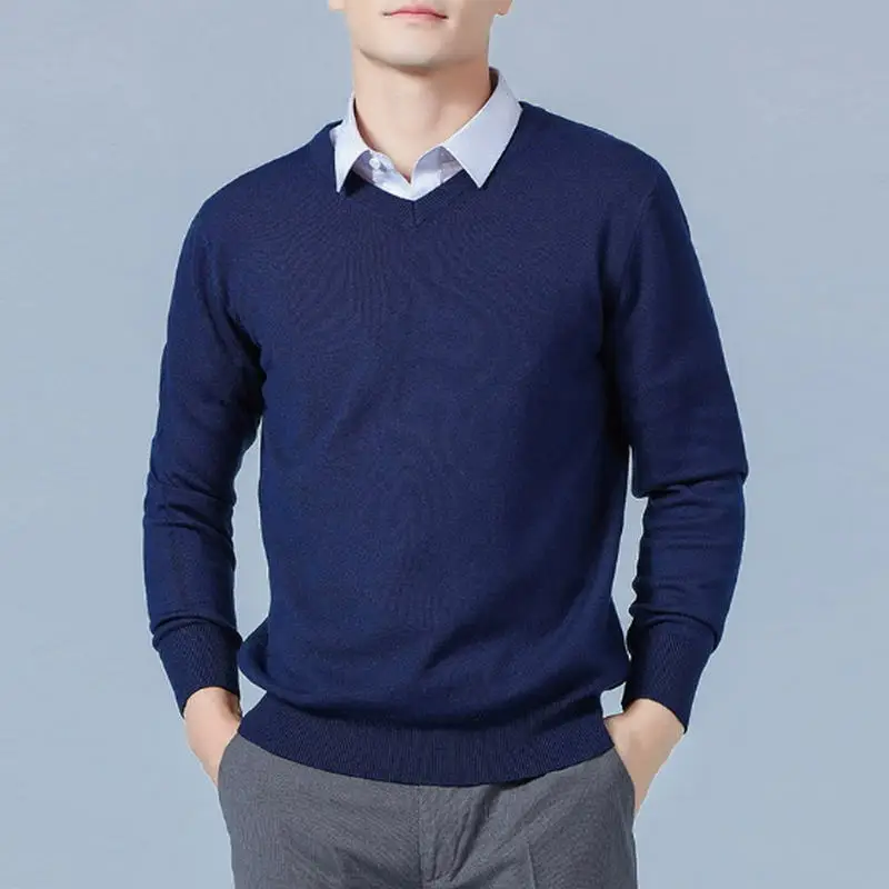Soft Cashmere Sweater Men's Clothing Autumn Winter Pullover Business Casual Bottom V-neck Knitted Woolen Slim Fit Knitwear Male