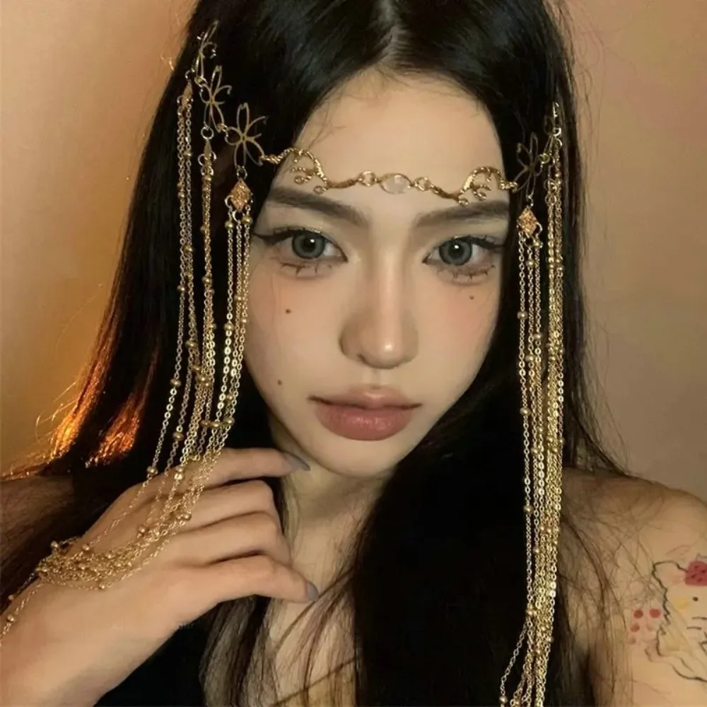 

Shiny Design Rhinestone Head Chain Long Tassel Retro Forehead Chain Handmade Sparkling Fringe Hair Accessories Party