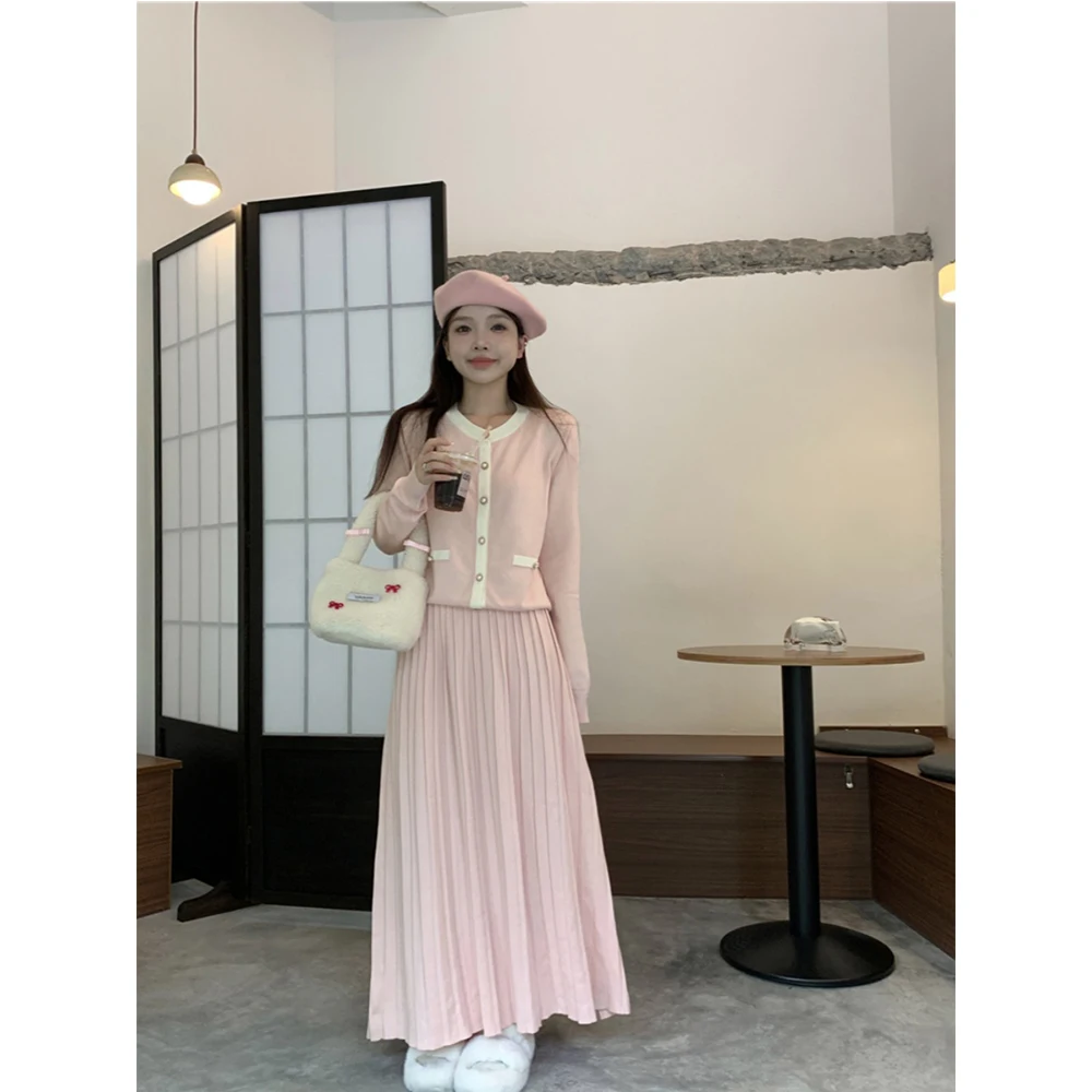 Women Elegant Knitting Sets One Breasted Long Sleeve Sweater Cardigan+Solid A-Line Pleated Skirt Female Spring Commute Outfits