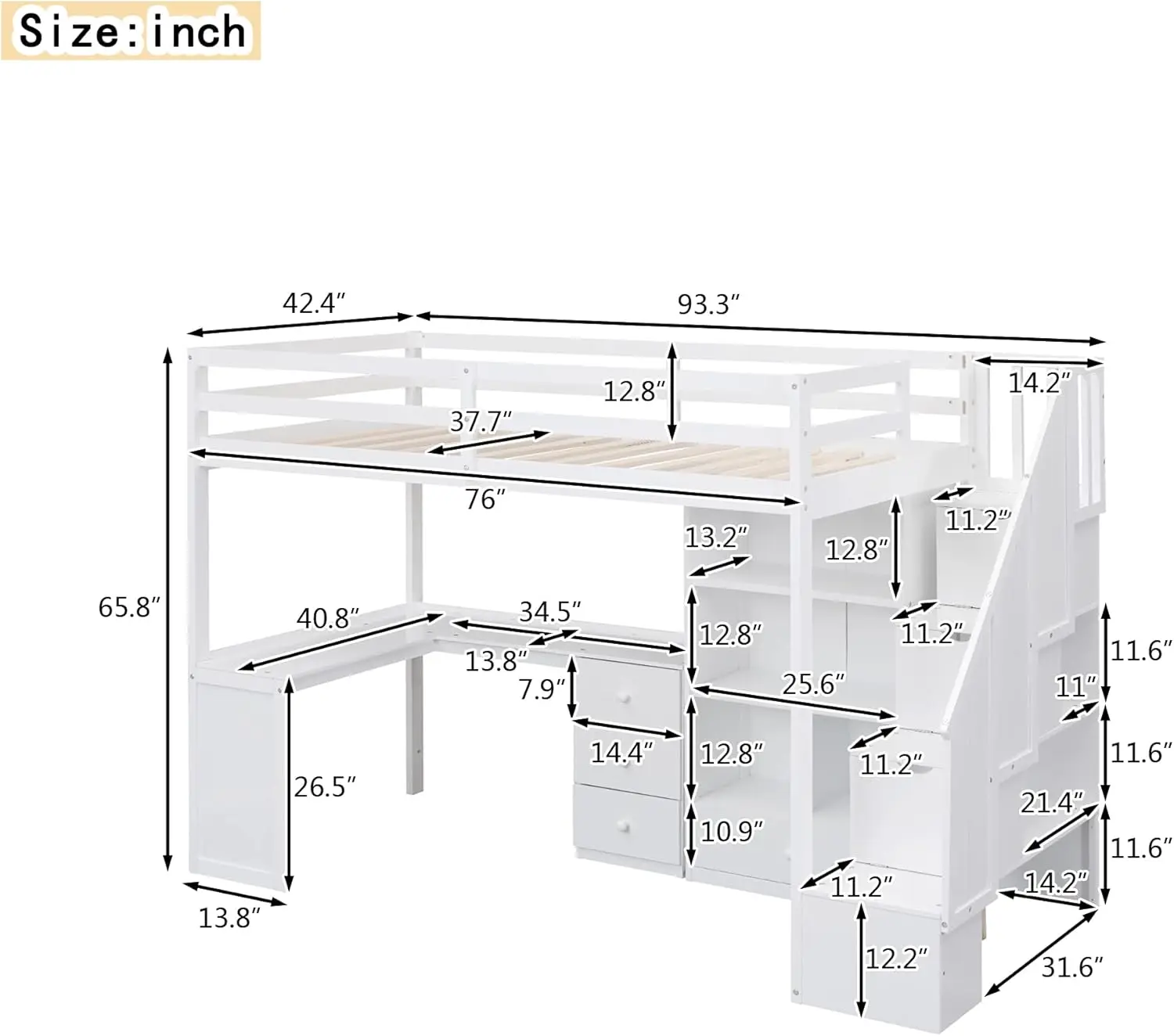 Cama alta de madera tamaño doble, estructura de cama doble multifuncional con escritorio y cajones en forma de L, gabinete y escalera de almacenamiento, blanco