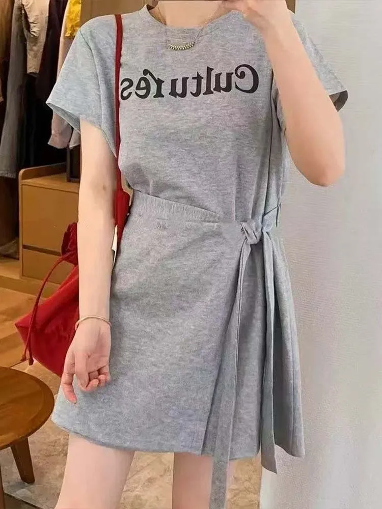 

Summer 2025 Faionable Versatile Letter Print round Ne Tie Waist Slimming Dr Ele A-Line Skirt ort Sve Casual S...