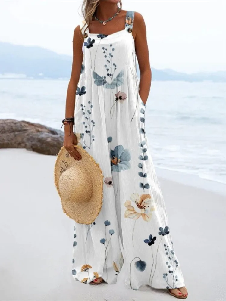 Vintage Print Buttons Sleeveless Jumpsuits Women Summer New Fashion Temperament Loose Wide Legs Jumpsuit Lady Commuting Clothing