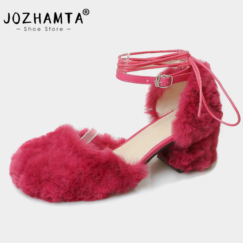 JOZHAMTA Size 34-39 Women Sandals Rome Ankle Strap High Heels Shoes For Women Summer Round Toe Buckle Chunky Heel Dance Sandal