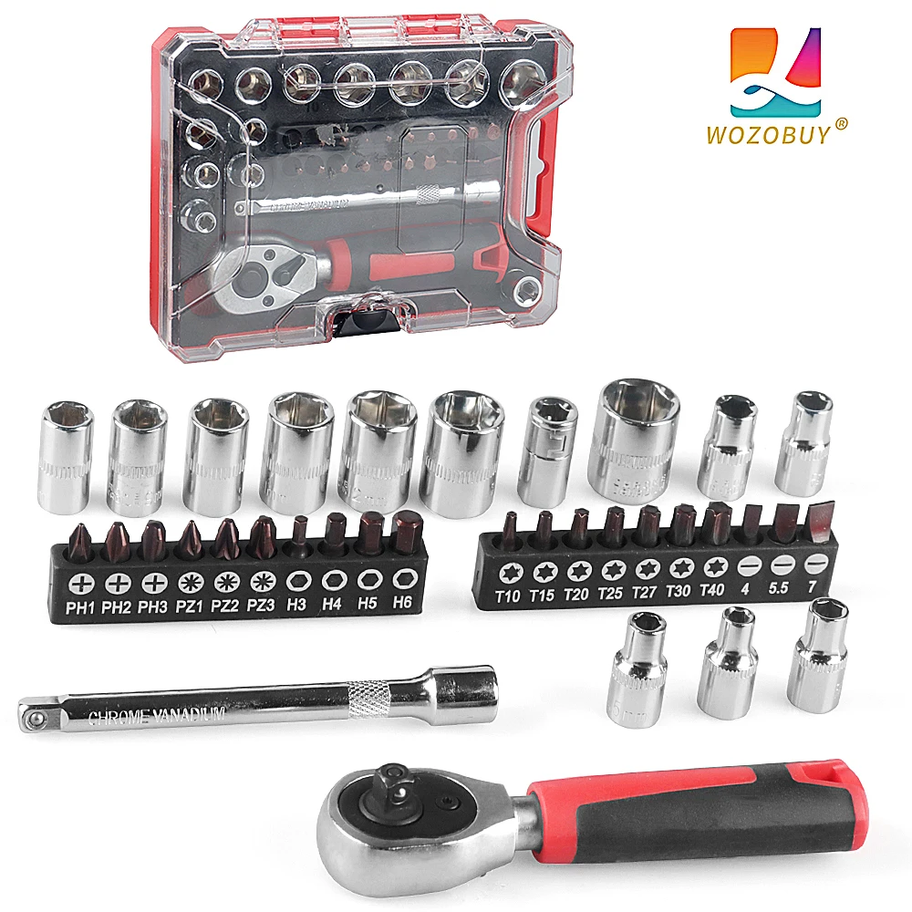 

WOZOBUY Socket Set, 35-Piece 1/4" Drive Screwdriver Socket Set with Quick-Release Ratchet, Metric for Auto Repairing & Household