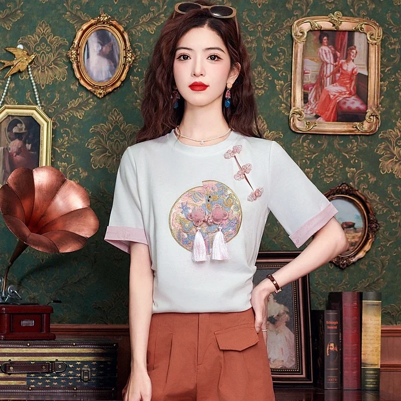 Cotton Chinese Style Women's T-shirt Summer Embroidery Tees Short Sleeve Loose Women Tops O-neck Vintage Clothing 2024 Korean