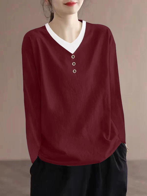 

Faionable Patchwork V-Ne Long Sve Women's Cotton T-irt Loose Comfortable Age-Defng Two-Piece Look Autumn New Arrival
