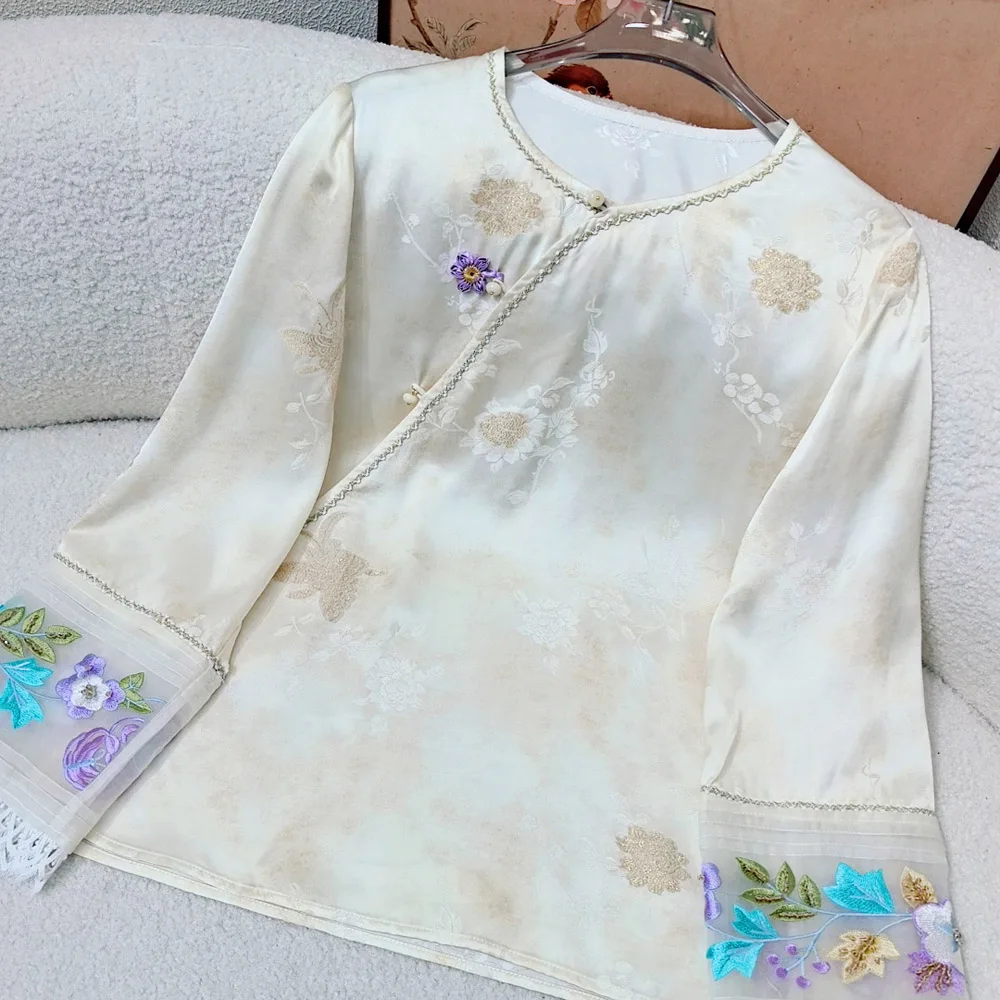 High Quality Spring Top New Chinese Style Top Women's O-Neck Embroidery Lace Flowers Loose Blouse Shirt S-XXL