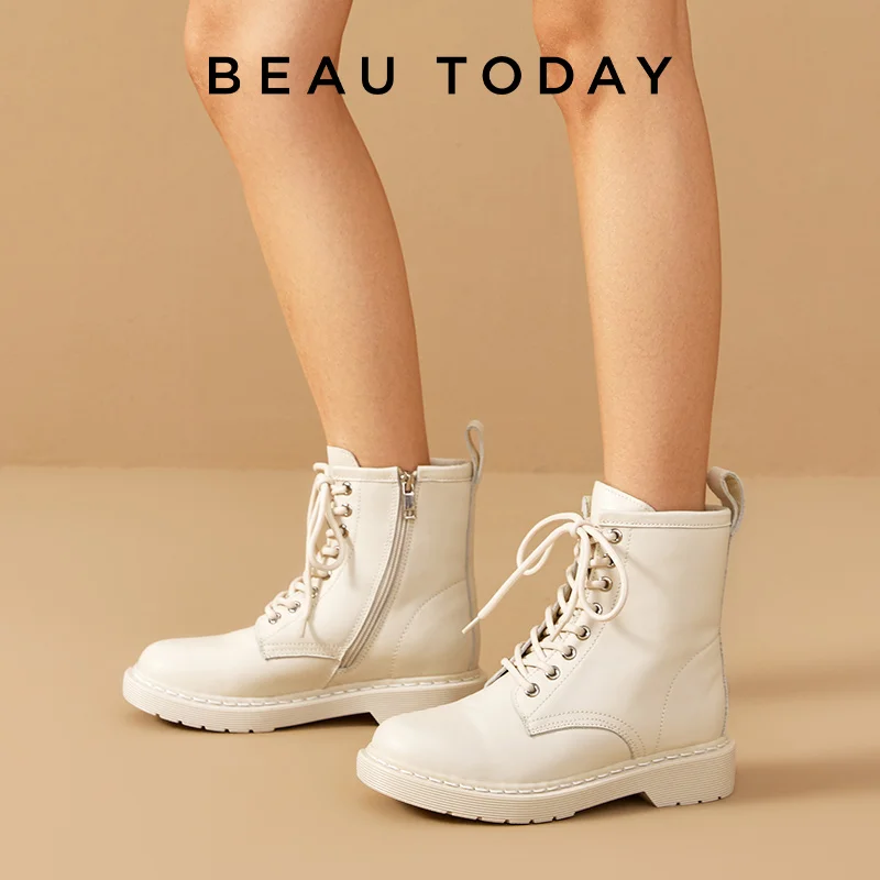 

BeauToday Ankle Boots Platform Women Cow Leather Side Zipper Lace-up Round Toe Winter Ladies Warm Shoes Plus Size 04218