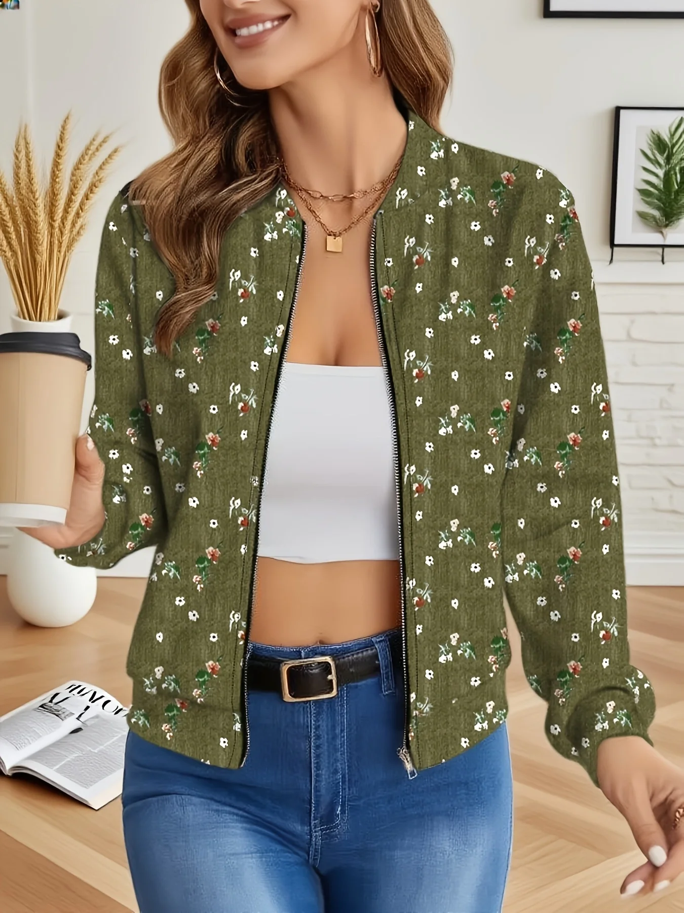Small Floral Print Round Neck Zippered Baseball Jacket Autumn and Winter Thin Long-Sleeved Jacket Top