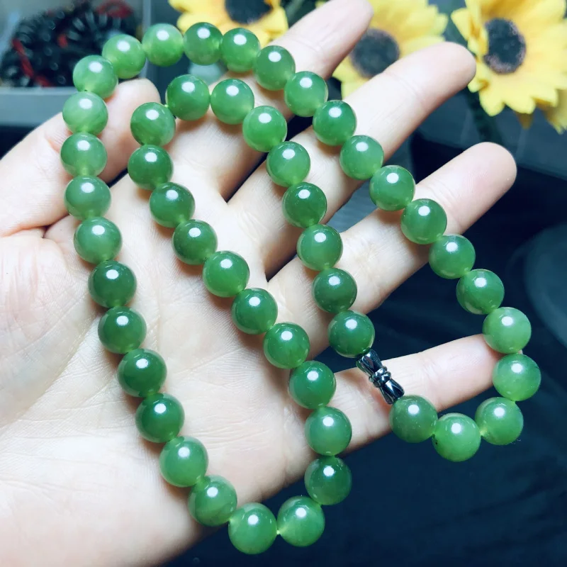 

Браслет-ожерелье из нефрита Хэтиан, без черных пятен, цвет шпинатно-зеленый, круглые бусины Будда