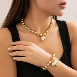 New 316L Stainless Steel Solid Bead Pearl Necklace Bracelet Set for Women Gold Plated Color Charm Personality Accessories