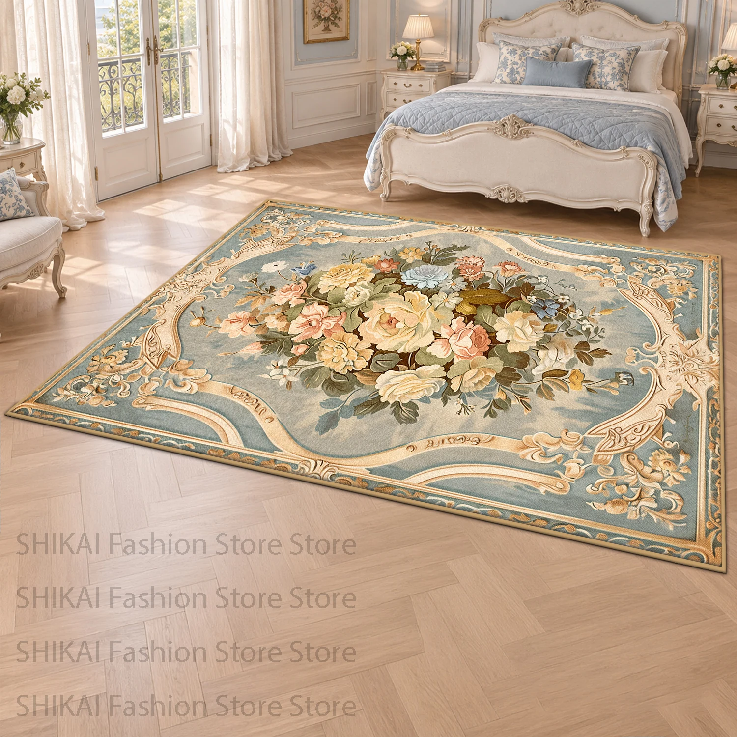 French Country Rococo Rose Large Living Room Carpet Classic Oil Painting Flower Rug for Bedroom Bedside Decor Non-slip Floor Mat
