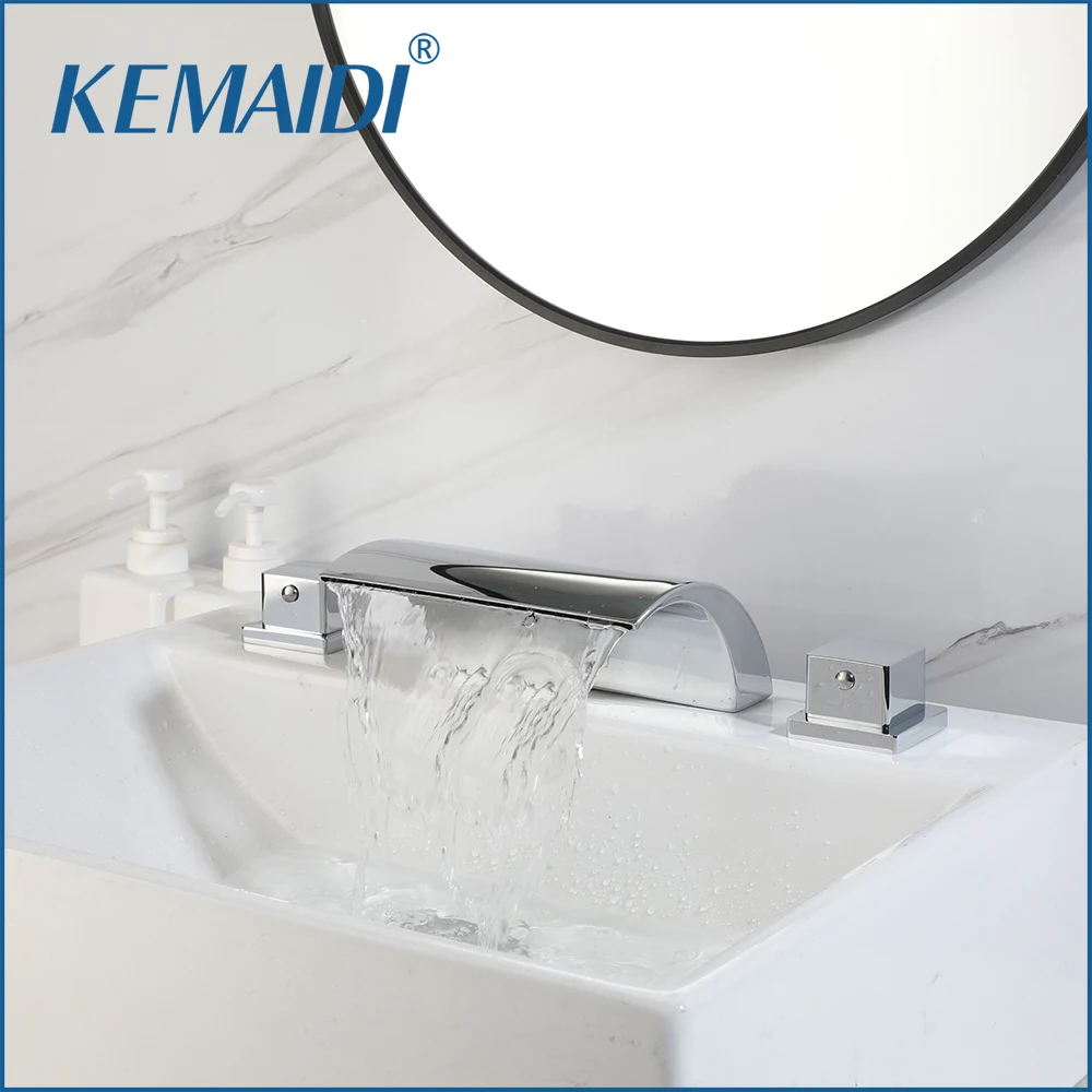 

KEMAIDI Waterfall Faucet Set Three Hole Basin Tap Widespread Bathroom Sink Faucet Dual Handle Deck Mount Bathtub Faucets Mixer