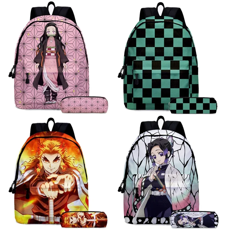 Demon Slayer Nezuko Backpacks 2pcs Girls School Bags Kimetsu No Yaiba Kids Anime Bagpacks Female Male Bookbag Gifts