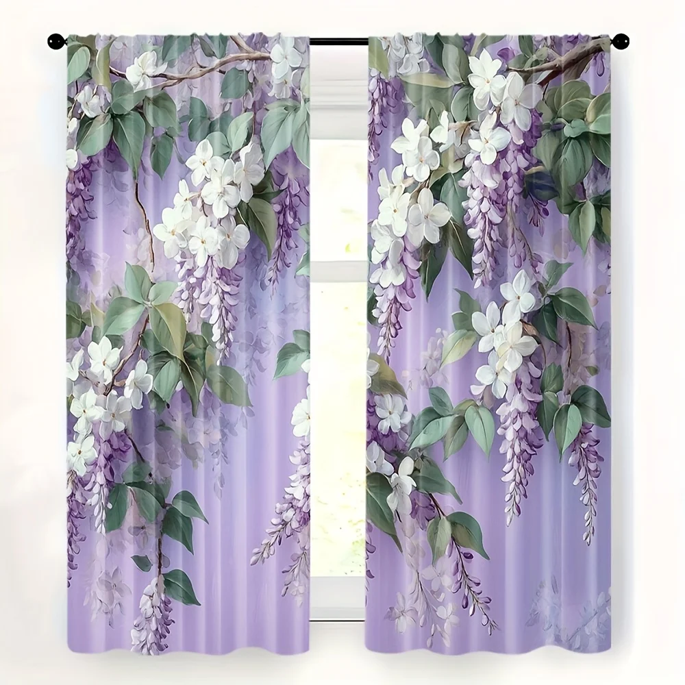 

2D FLAT 2pcs Curtains Lilac Flowers Green Leaves Purple Background Perfect for Balcony, Bedroom, Study, Living Room