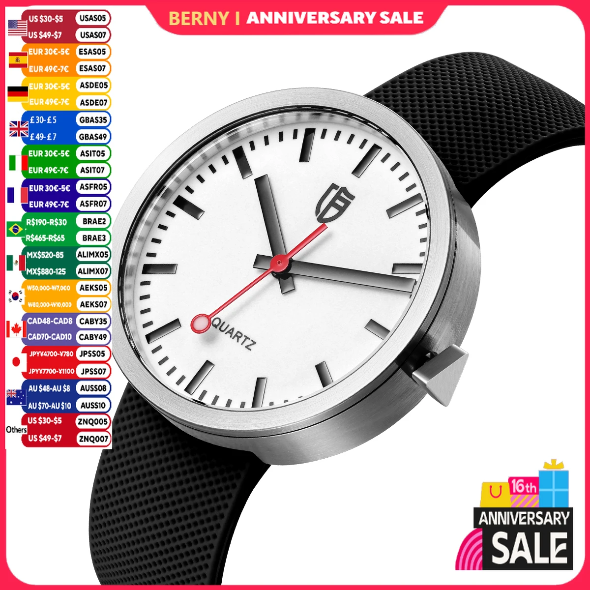 BERNY Men/Women Quartz Watches 38mm Luminous Dial Railways Sports Sapphire 5ATM Stainless Steel Classic Men\'s Wristwatch
