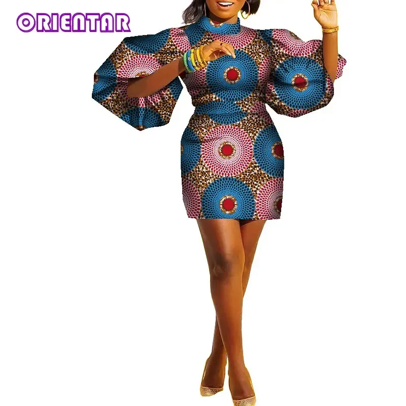 

Summer African Dresses for Women Puff Sleeve Knee-length Ankara Dress Bazin Riche African Print Dress WY8339