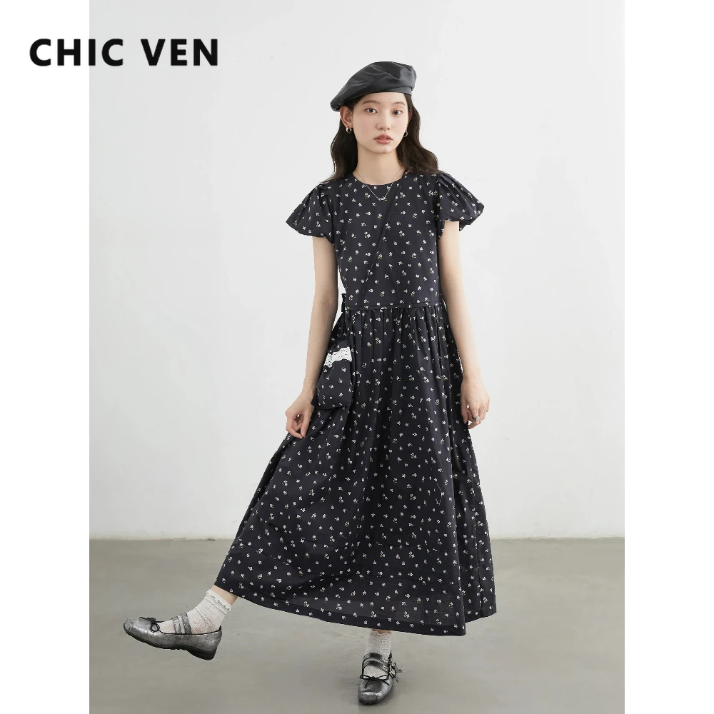 

Корейское женское платье CHIC VEN: свободное, повседневное, с круглым вырезом, цветочным принтом и рукавами-фонариками, длинное, весна-лето 2026