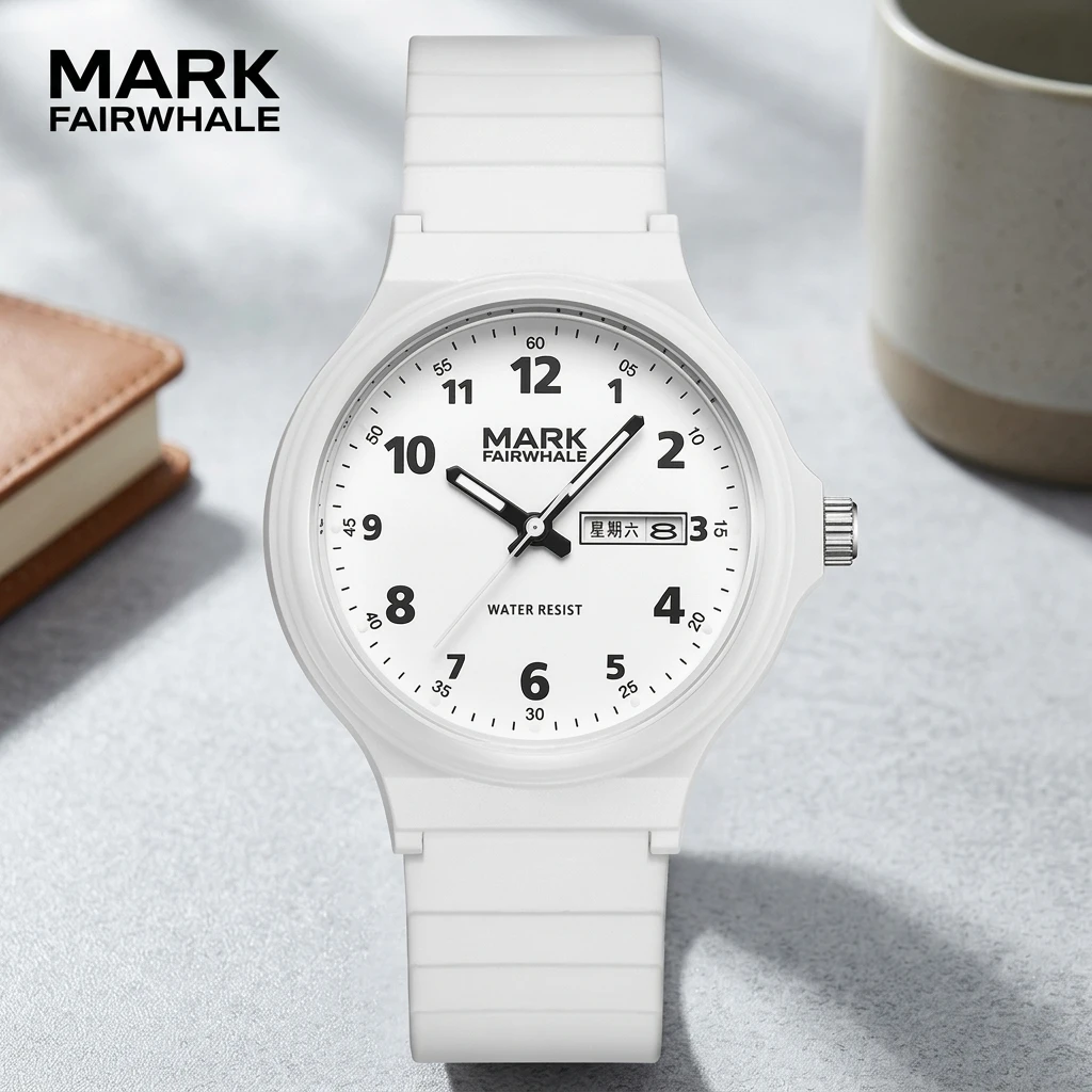Mark Fairwhale Men Quartz Wristwatch Day Date Display Large Numerals Resin Strap Waterproof Casual Watch Reloj Hombre