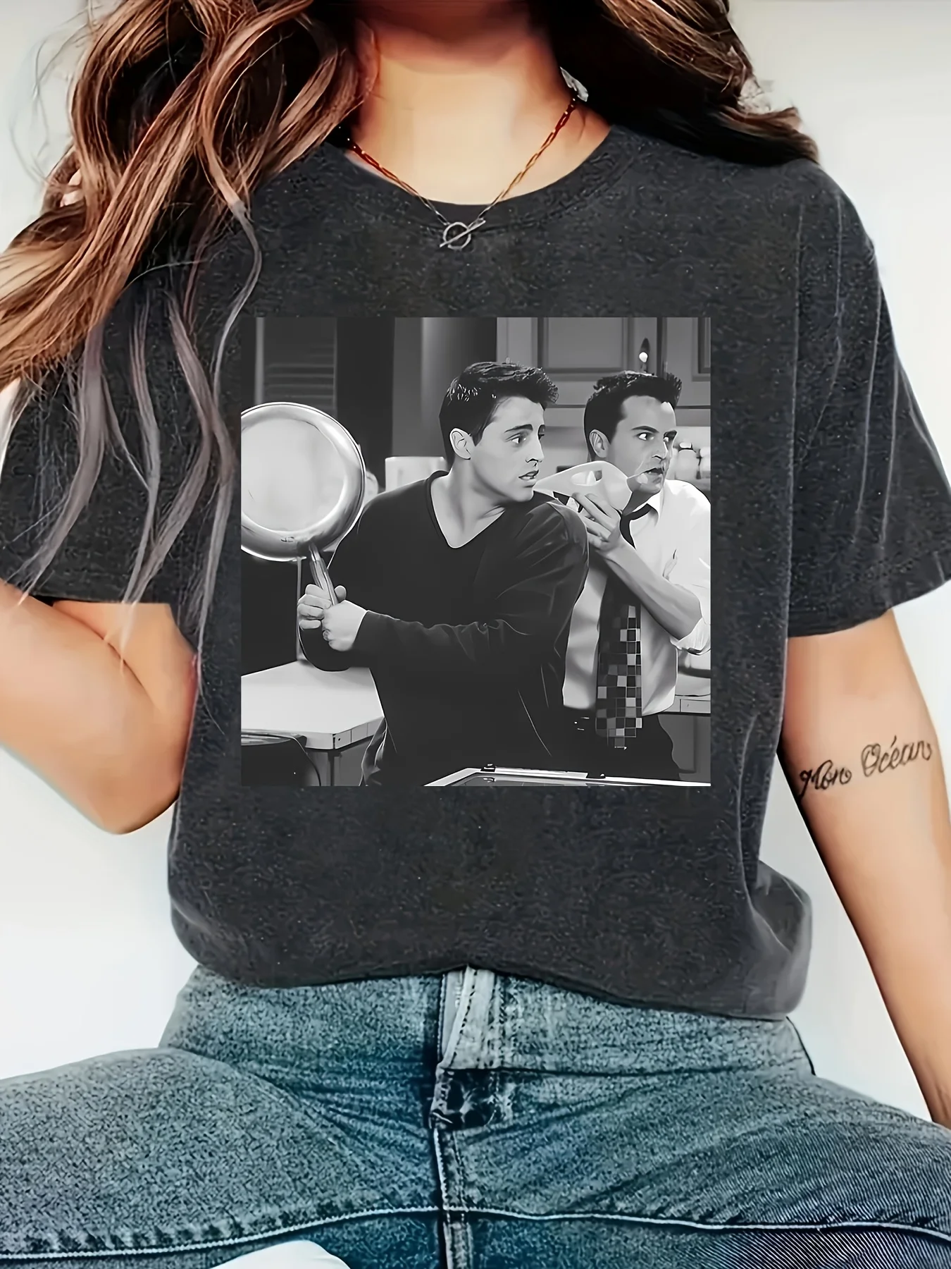 Friends Couple Print T-Shirt mit Rundhalsausschnitt und kurzen Ärmeln für Damen, Frühling/Sommer, neuer Stil, Grafik-T-Shirts aus reiner Baumwolle