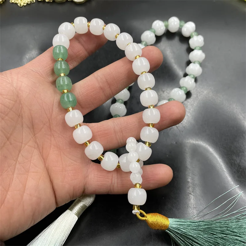 Golden Silk Pumpkin Buddhist Prayer Handheld White Jade Abacus Beads Bracelet - Image 3