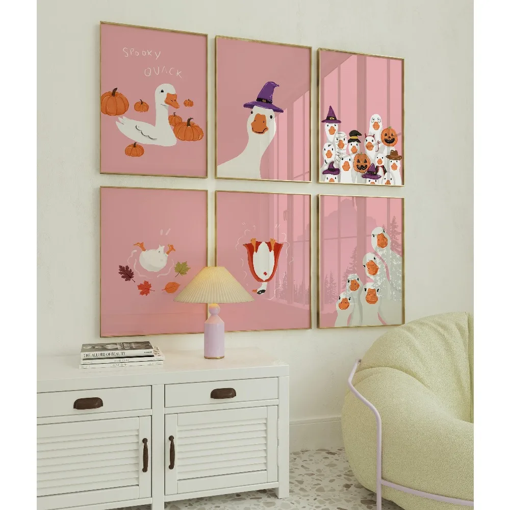 Frameless,Pink Goose Halloween Art Prints,Retro Danish Pastel Decor,Digital Download,Halloween Gifts,Living Room Wall Art Decor