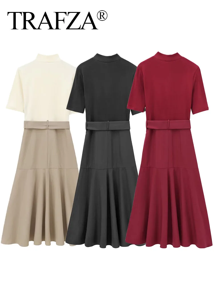 TRAFZA Winter Long Dresses Woman Trendy Solid O-Neck Half Sleeves Belt Decoration Female Casual Slim Long Dresses 3 Color