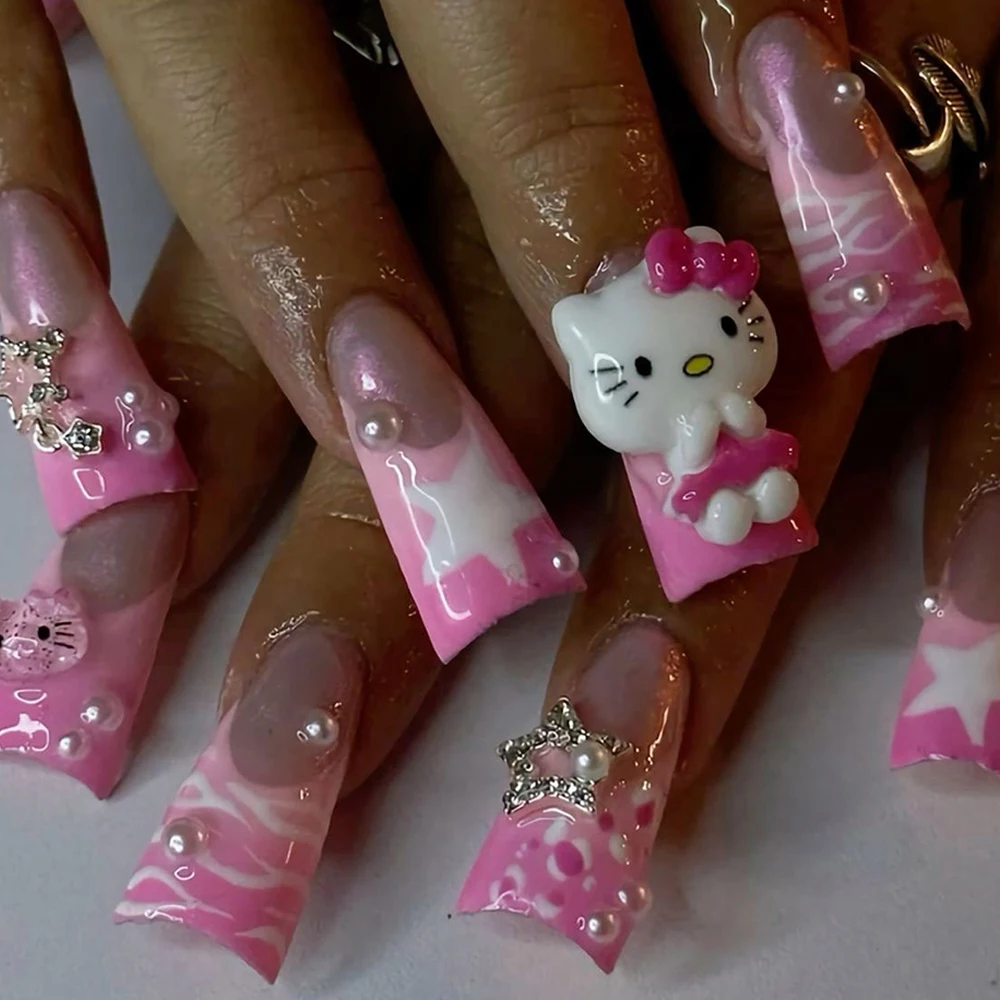 Pittig Meisje Y 2K Sanriod Hello Kitty Press Op Nagels Kunst Eendenbek Vierkant Roze Luipaard Zebra Print Aanpasbare Nagels Party Sticker