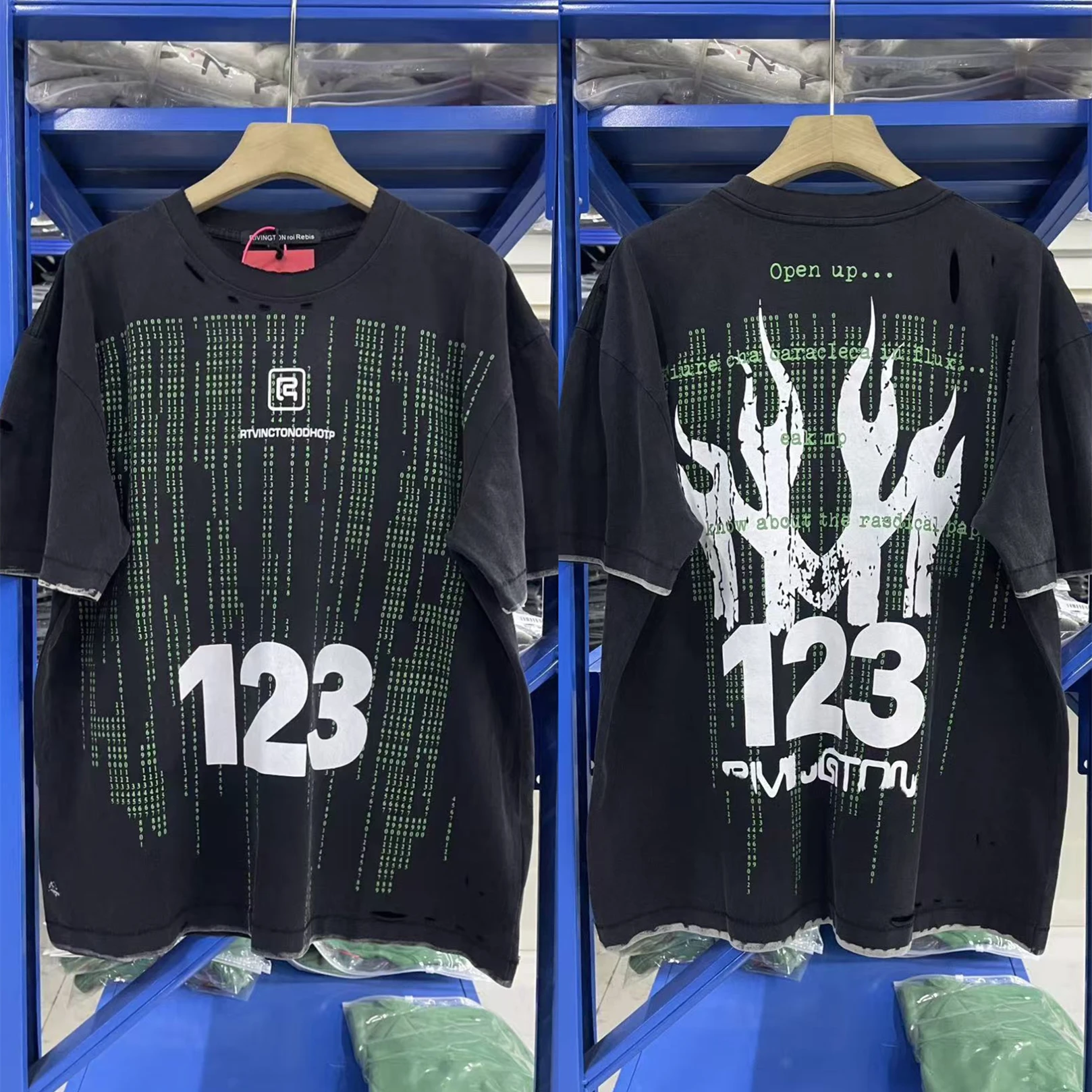 RRR123 Short Sleeve T-Shirt Men Women Nice Washed Black Damaged Hole High Quality RRR-123 T Shirt Tee Tops