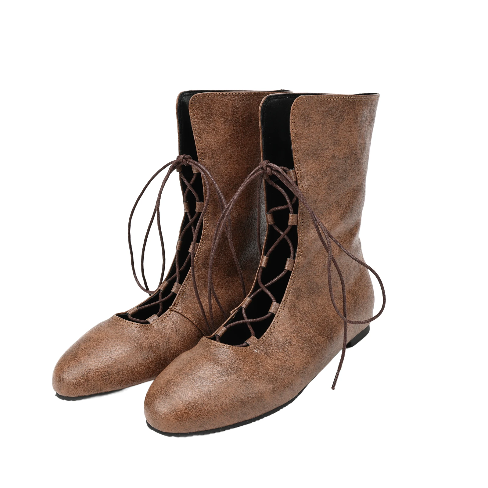 ヴィンテージバイキングシューズ中世スチームパンク女性レースアップロリータレザーブーツエルフハンターコスプレ衣装ルネッサンスフロックシューズ