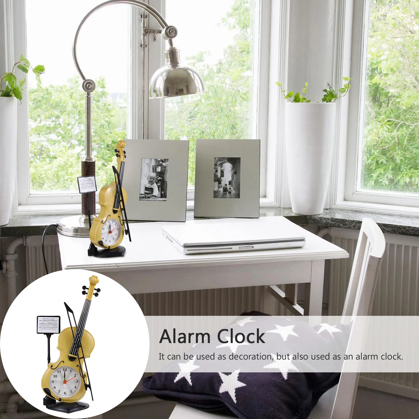 ساعة منبه على شكل كمان لون عشوائي من البلاستيك المزخرف على سطح المكتب الإلكتروني الصغير بجانب السرير لغرفة النوم المنزلية #1