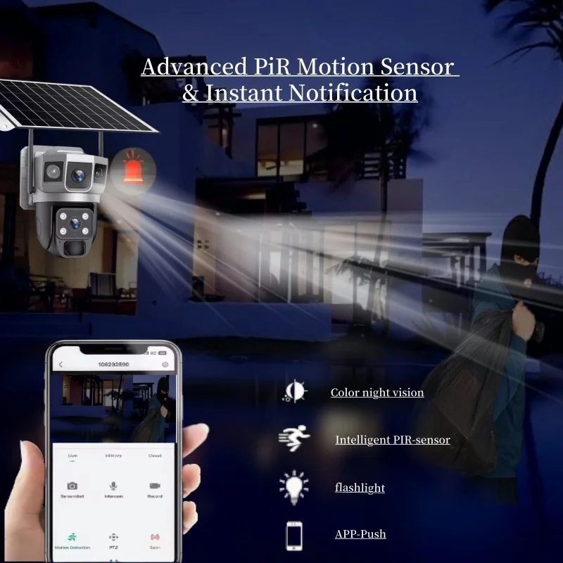 4G Solar Camera  Wireless CCTV HD 12MP 6K Dual Lens Triple PTZ Auto Tracking Security Home Monitor V380 Pro Outdoor Camera