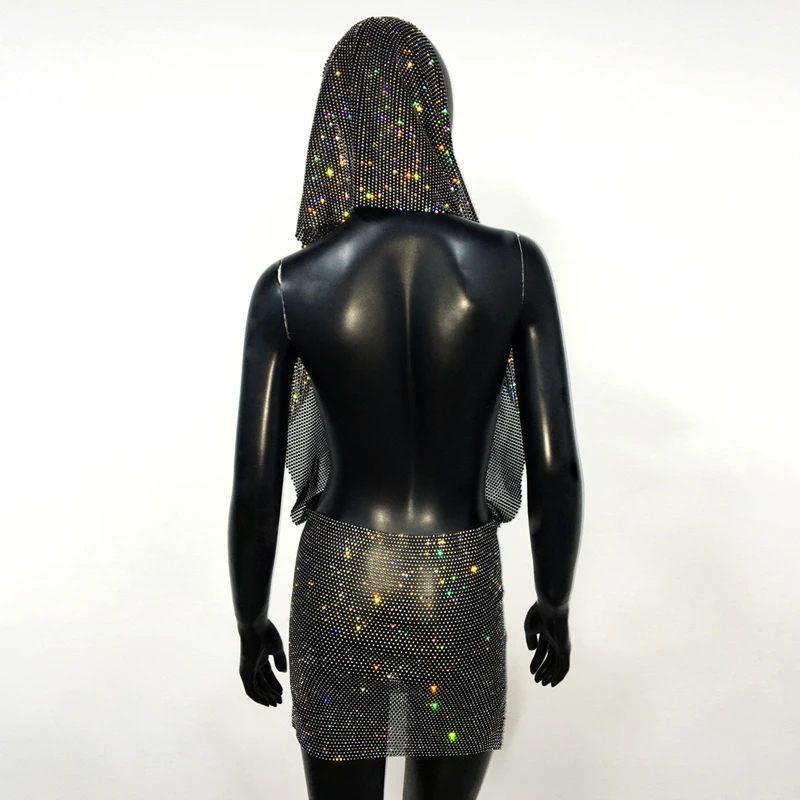 Damen Strass-Netzkleid mit Kapuze, sexy Kristall-Fischnetz-Zweiteiler-Set, Rock-Set für Nachtclub, Party, Festival, Rave-Outfits, Kleid für Damen – Detail 8