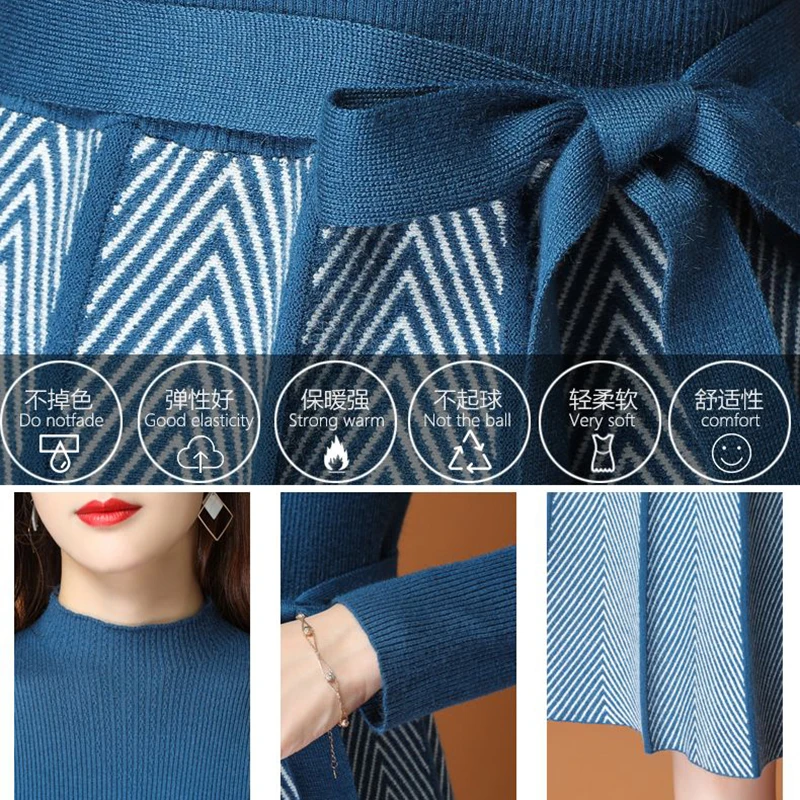 Elegant Knitted Patchwork Sweater Dress Winter Thick Women Pretty Dresses Half Turtleneck Korean Vestidos Knitwears Midi Elbise