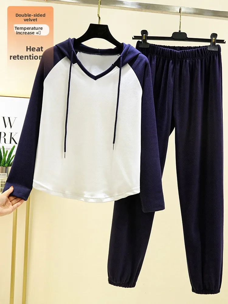 

Women's Fce Lined Hoodie Set Loose Fit Home Wear Spwear Two Piece Suit Casual Comfortable Long Sve Pants