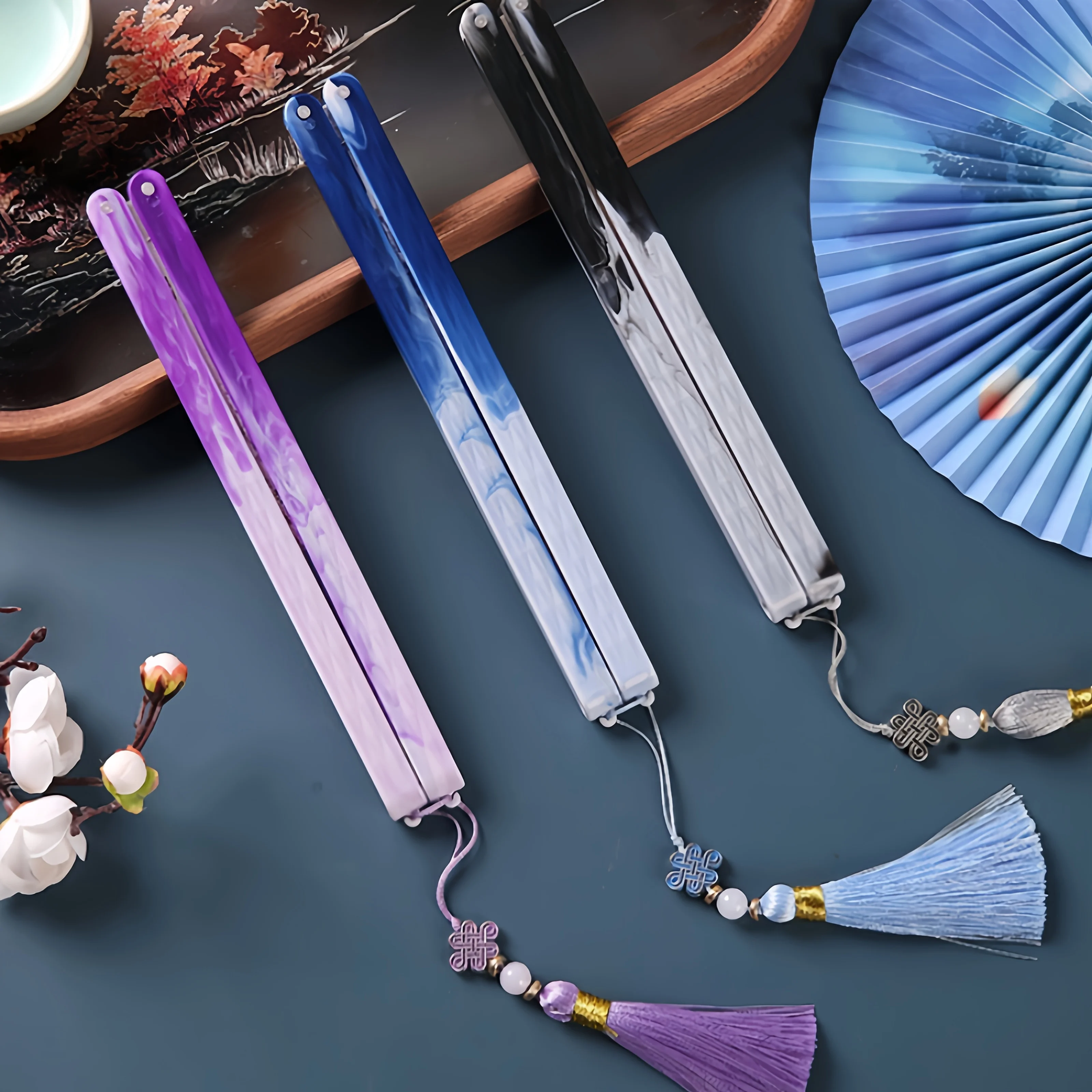 Chinese Folding Tassel Paper Fan - Traditional Floral Design, Lightweight Plastic Portable Fan, Home Decoration