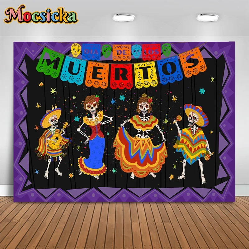 

Mocsicka Day of the Dead Photography Backdrop Skeleton Dancer Guitar Background Mardi Gras Birthday Party Kids Photo Studio