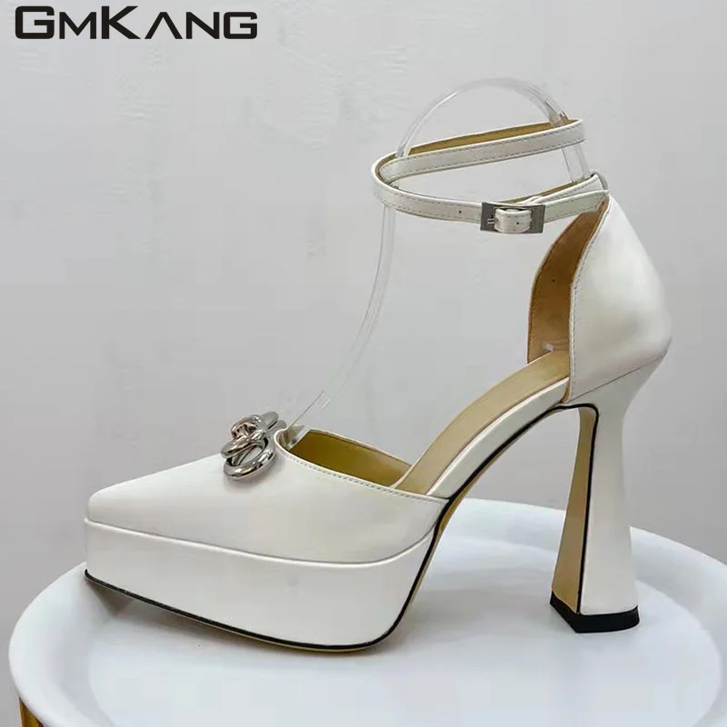 

New High Heels Women Pumps Butterfly-knot Bling Wedding Shoes Ladies Pointed Toe Ankle Strap Chunky Heel Platform Shoes Woman